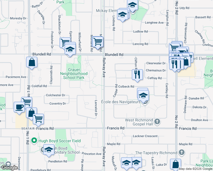 map of restaurants, bars, coffee shops, grocery stores, and more near 8350 Railway Avenue in Richmond
