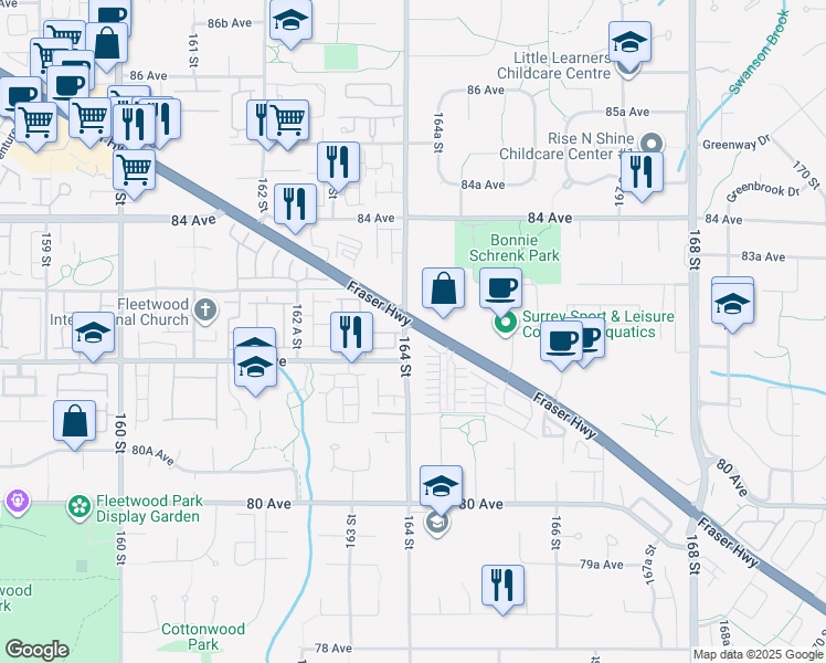 map of restaurants, bars, coffee shops, grocery stores, and more near 8242 164 Street in Surrey