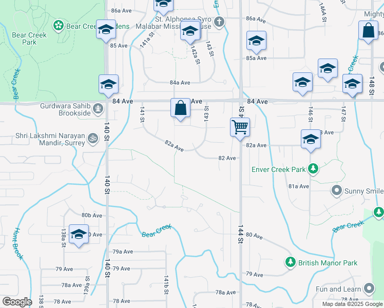 map of restaurants, bars, coffee shops, grocery stores, and more near 14260 82A Avenue in Surrey