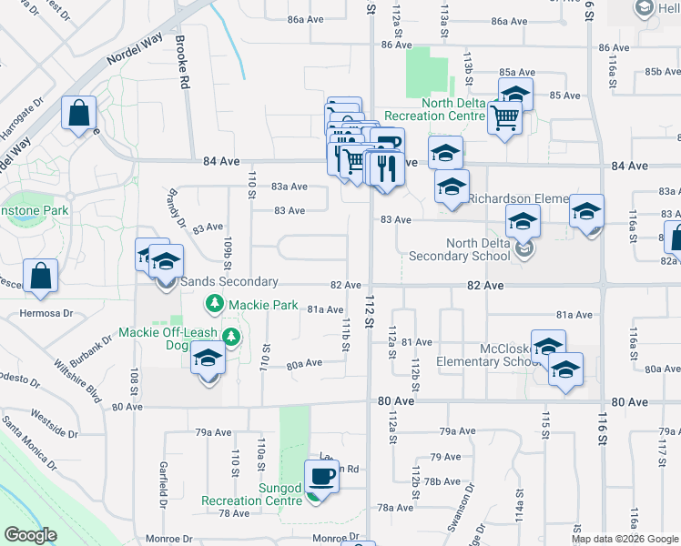 map of restaurants, bars, coffee shops, grocery stores, and more near 11130 82 Avenue in Delta