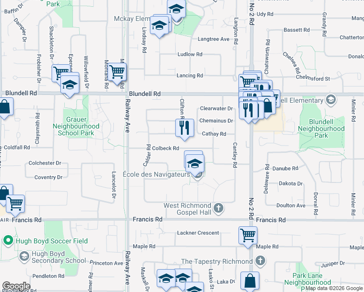 map of restaurants, bars, coffee shops, grocery stores, and more near 5360 Colbeck Road in Richmond