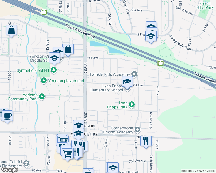map of restaurants, bars, coffee shops, grocery stores, and more near 20926 83 Avenue in Langley Township