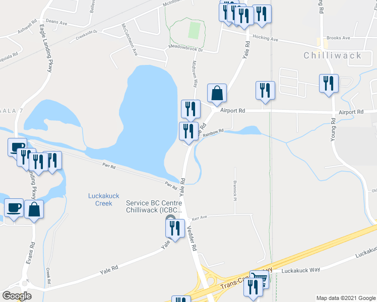 map of restaurants, bars, coffee shops, grocery stores, and more near 45567 Yale Road West in Chilliwack