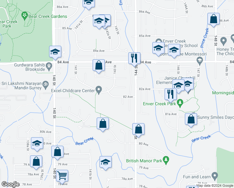 map of restaurants, bars, coffee shops, grocery stores, and more near 14331 82 Avenue in Surrey