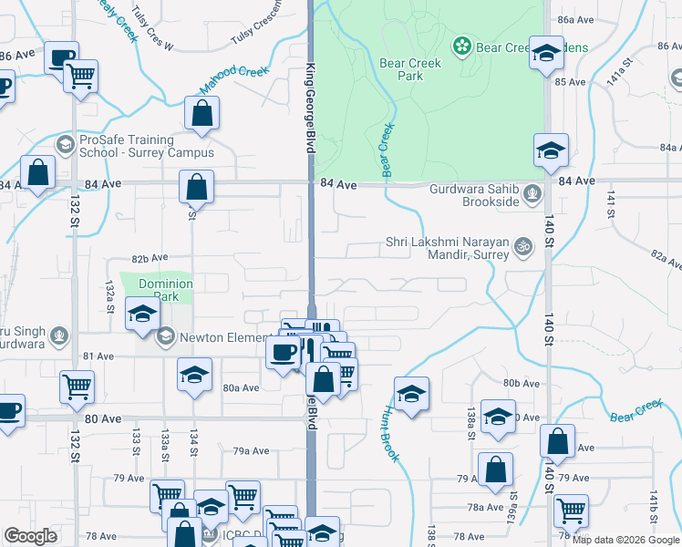 map of restaurants, bars, coffee shops, grocery stores, and more near 8220 King George Boulevard in Surrey