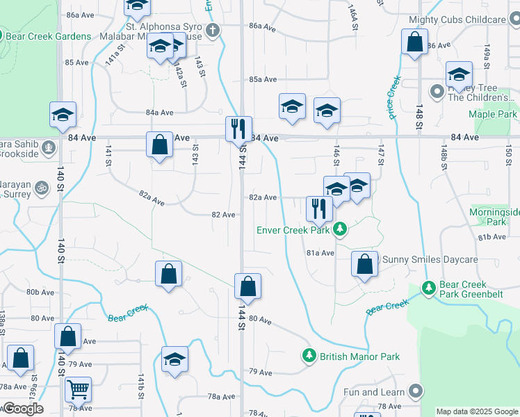 map of restaurants, bars, coffee shops, grocery stores, and more near 8245 144A Street in Surrey