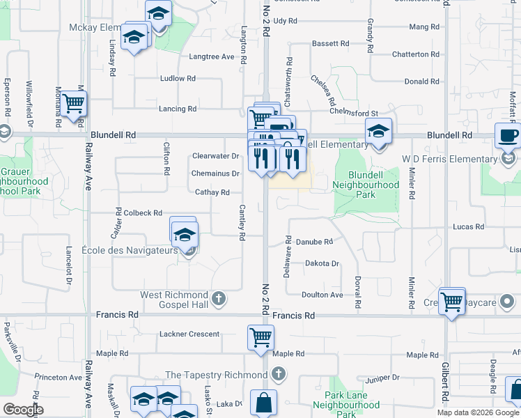 map of restaurants, bars, coffee shops, grocery stores, and more near 5-12491 Number 2 Road in Richmond