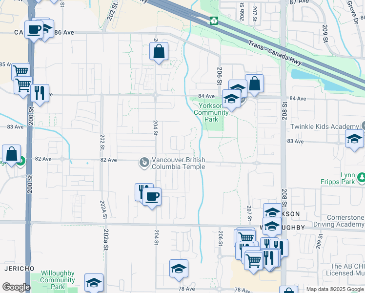 map of restaurants, bars, coffee shops, grocery stores, and more near 8217 204B Street in Langley Township