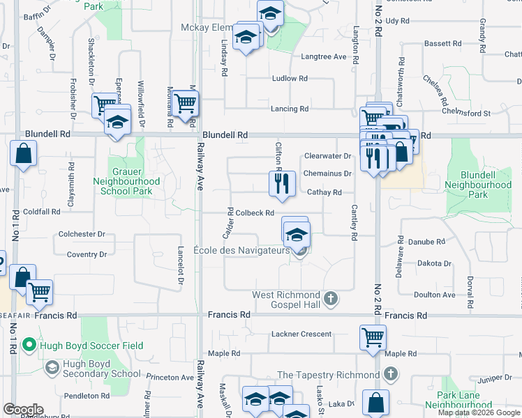 map of restaurants, bars, coffee shops, grocery stores, and more near 5271 Colbeck Road in Richmond