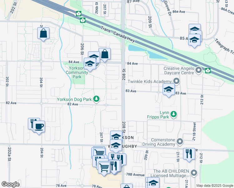 map of restaurants, bars, coffee shops, grocery stores, and more near 8258 207A Street in Langley Township