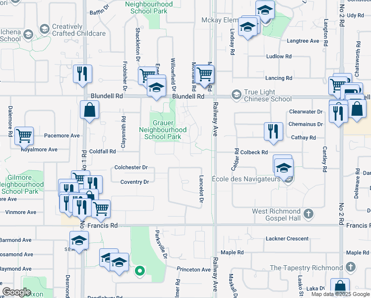 map of restaurants, bars, coffee shops, grocery stores, and more near 8200 Colonial Drive in Richmond