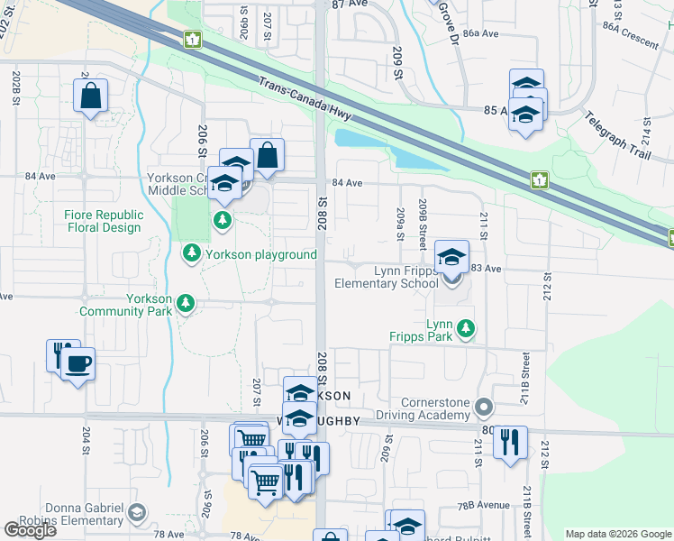 map of restaurants, bars, coffee shops, grocery stores, and more near 8233 208B Street in Langley Township