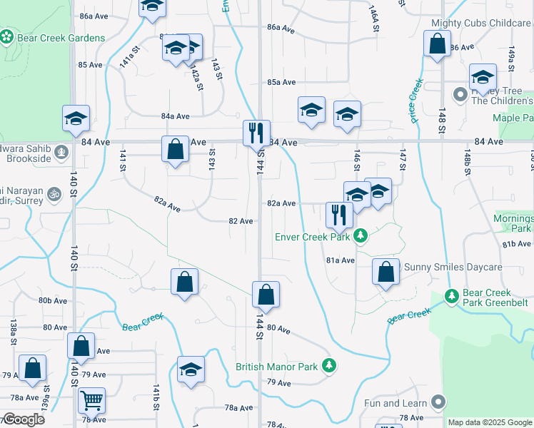 map of restaurants, bars, coffee shops, grocery stores, and more near 8240 144 Street in Surrey