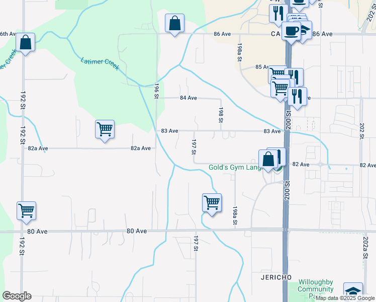 map of restaurants, bars, coffee shops, grocery stores, and more near 8237 197 Street in Langley Township