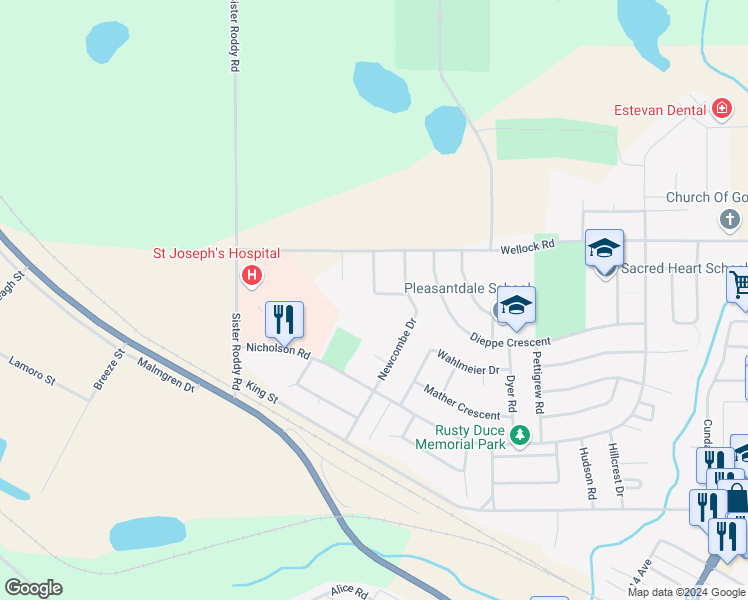 map of restaurants, bars, coffee shops, grocery stores, and more near 2356 Irvine Crescent in Estevan