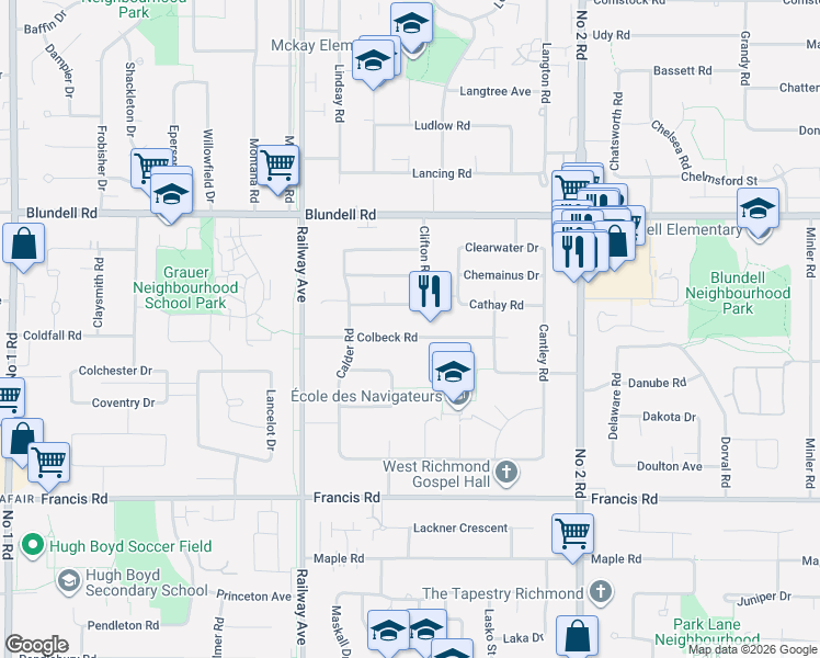 map of restaurants, bars, coffee shops, grocery stores, and more near 5311 Colbeck Road in Richmond