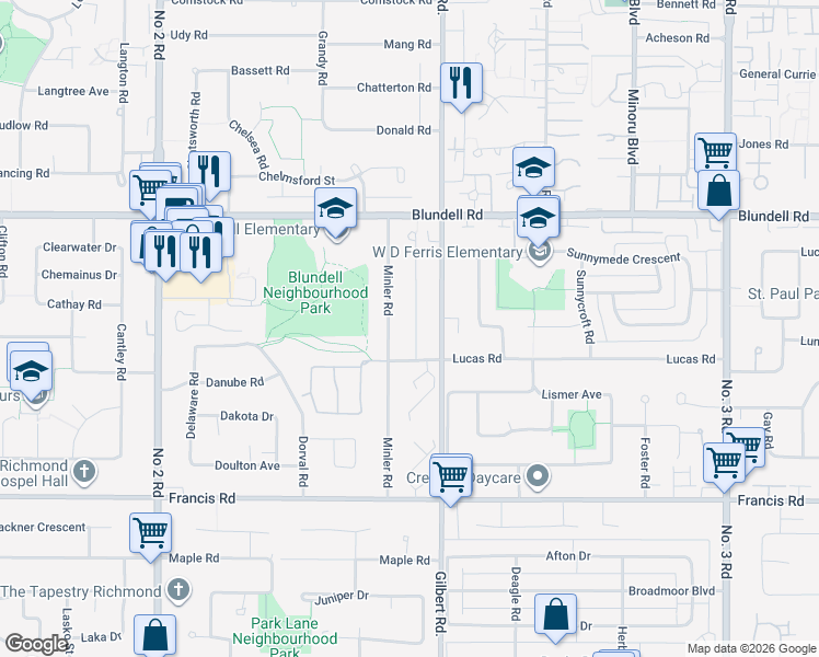 map of restaurants, bars, coffee shops, grocery stores, and more near 8331 Mirabel Court in Richmond