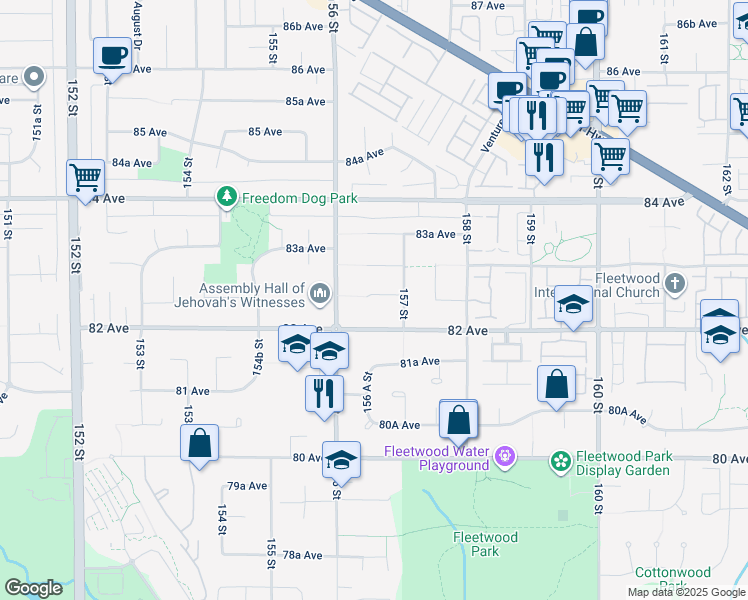 map of restaurants, bars, coffee shops, grocery stores, and more near 15658 82A Avenue in Surrey