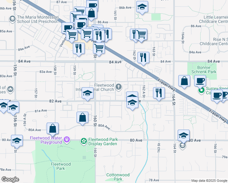 map of restaurants, bars, coffee shops, grocery stores, and more near 8277 161 Street in Surrey