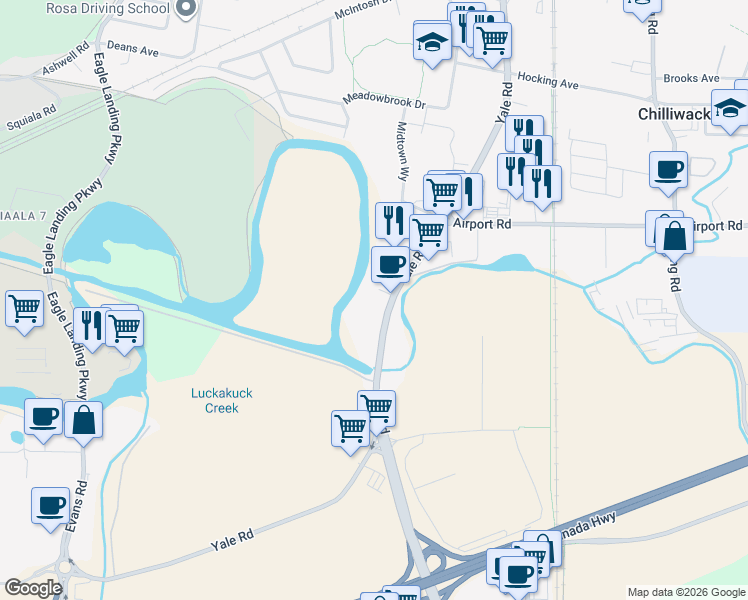 map of restaurants, bars, coffee shops, grocery stores, and more near 45555 Yale Road in Chilliwack