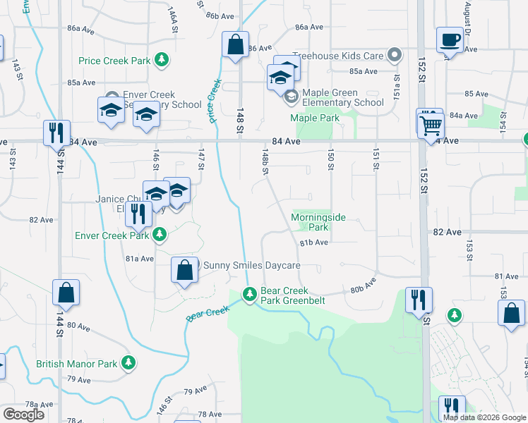 map of restaurants, bars, coffee shops, grocery stores, and more near 14859 82 Avenue in Surrey