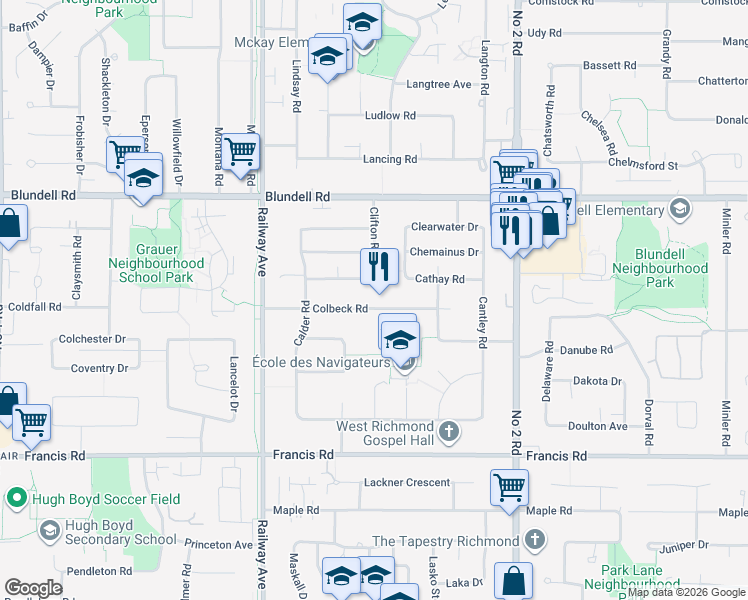map of restaurants, bars, coffee shops, grocery stores, and more near 5360 Colbeck Road in Richmond