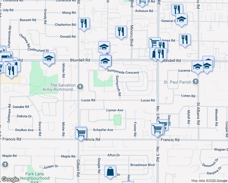 map of restaurants, bars, coffee shops, grocery stores, and more near Sunnybank Avenue in Richmond