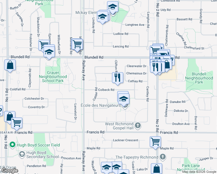map of restaurants, bars, coffee shops, grocery stores, and more near 5251 Calderwood Crescent in Richmond