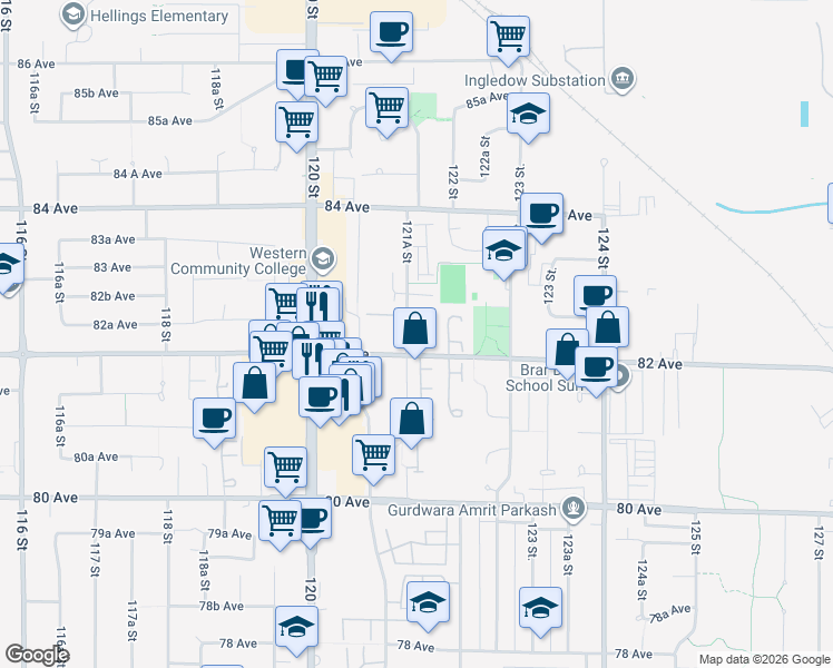 map of restaurants, bars, coffee shops, grocery stores, and more near 8220 121A Street in Surrey