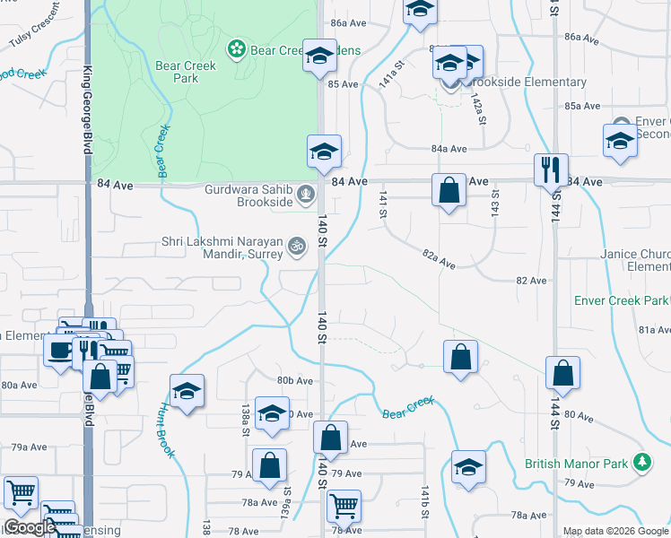 map of restaurants, bars, coffee shops, grocery stores, and more near 14015 82 Avenue in Surrey