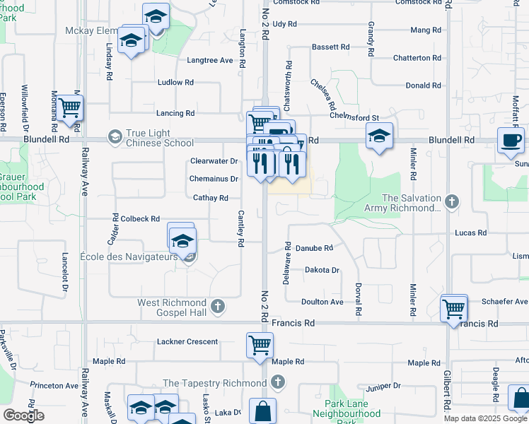 map of restaurants, bars, coffee shops, grocery stores, and more near 8311 No 2 Rd in Richmond