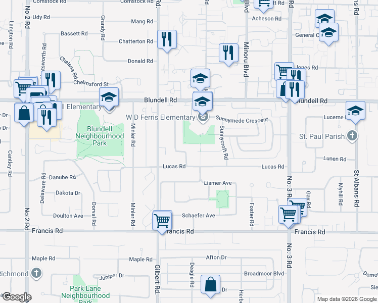 map of restaurants, bars, coffee shops, grocery stores, and more near 8480 Sunnywood Drive in Richmond