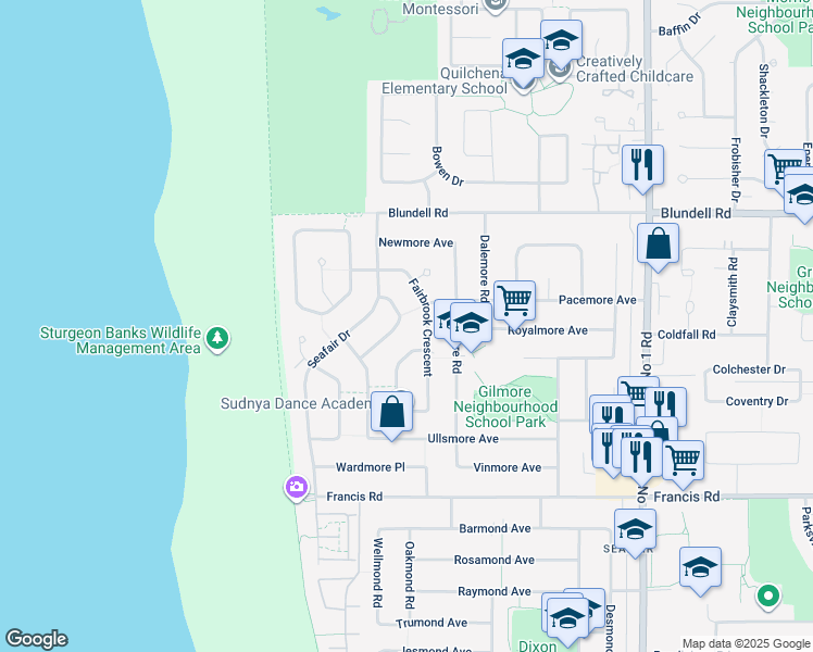 map of restaurants, bars, coffee shops, grocery stores, and more near 8160 Fairlane Road in Richmond