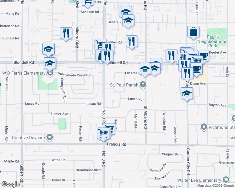 map of restaurants, bars, coffee shops, grocery stores, and more near 8211 Lucas Road in Richmond