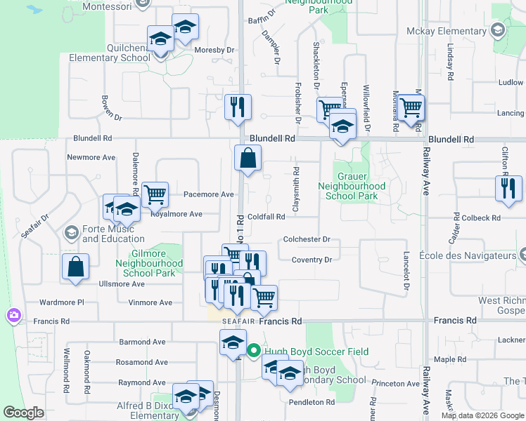 map of restaurants, bars, coffee shops, grocery stores, and more near 8231 Coldfall Court in Richmond