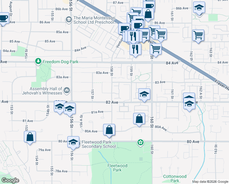 map of restaurants, bars, coffee shops, grocery stores, and more near 8250 158 Street in Surrey