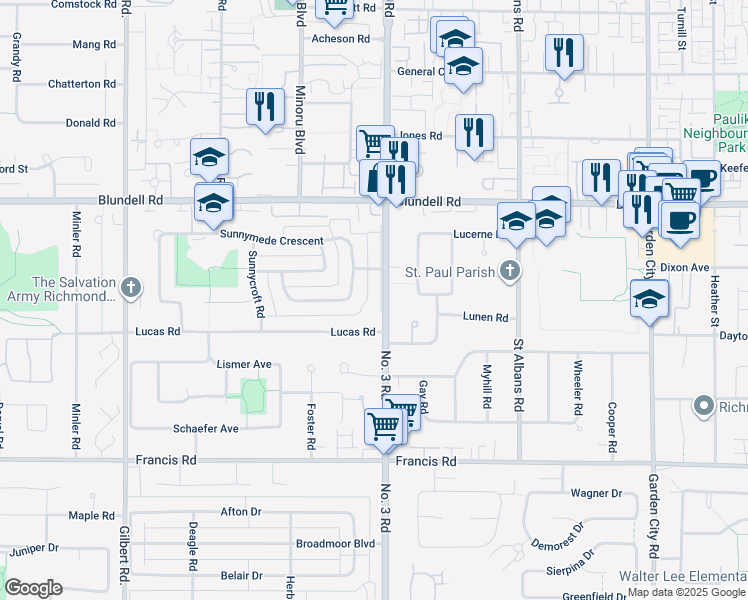 map of restaurants, bars, coffee shops, grocery stores, and more near 8271 Number 3 Road in Richmond