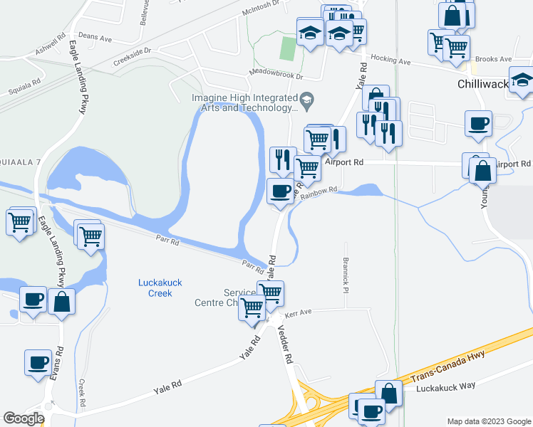 map of restaurants, bars, coffee shops, grocery stores, and more near 45575 Yale Road in Chilliwack