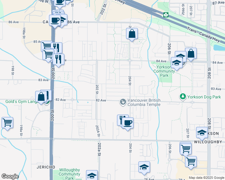 map of restaurants, bars, coffee shops, grocery stores, and more near 20291 82A Avenue in Langley Township