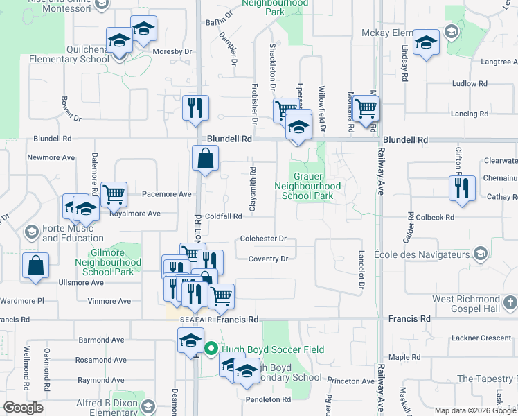 map of restaurants, bars, coffee shops, grocery stores, and more near 8191 Claybrook Road in Richmond
