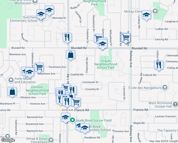 map of restaurants, bars, coffee shops, grocery stores, and more near 8260 Claysmith Road in Richmond