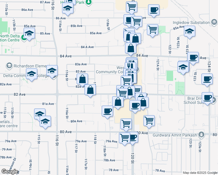 map of restaurants, bars, coffee shops, grocery stores, and more near 11876 82A Avenue in Delta