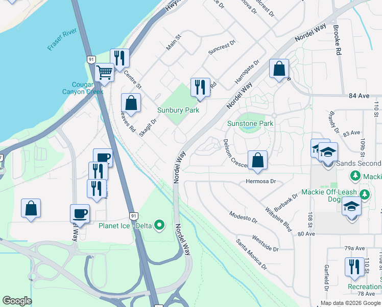 map of restaurants, bars, coffee shops, grocery stores, and more near 10489 Delsom Crescent in Delta