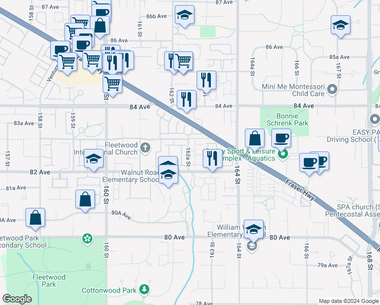 map of restaurants, bars, coffee shops, grocery stores, and more near 16233 83 Avenue in Surrey
