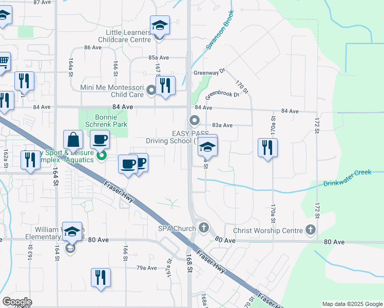 map of restaurants, bars, coffee shops, grocery stores, and more near 168 Street East in Surrey