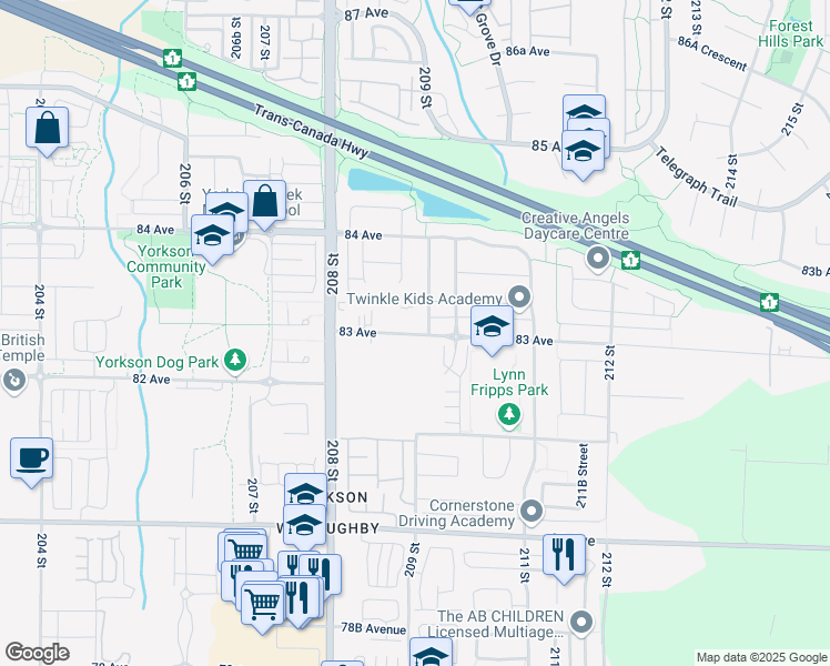 map of restaurants, bars, coffee shops, grocery stores, and more near 20901 83 Avenue in Langley