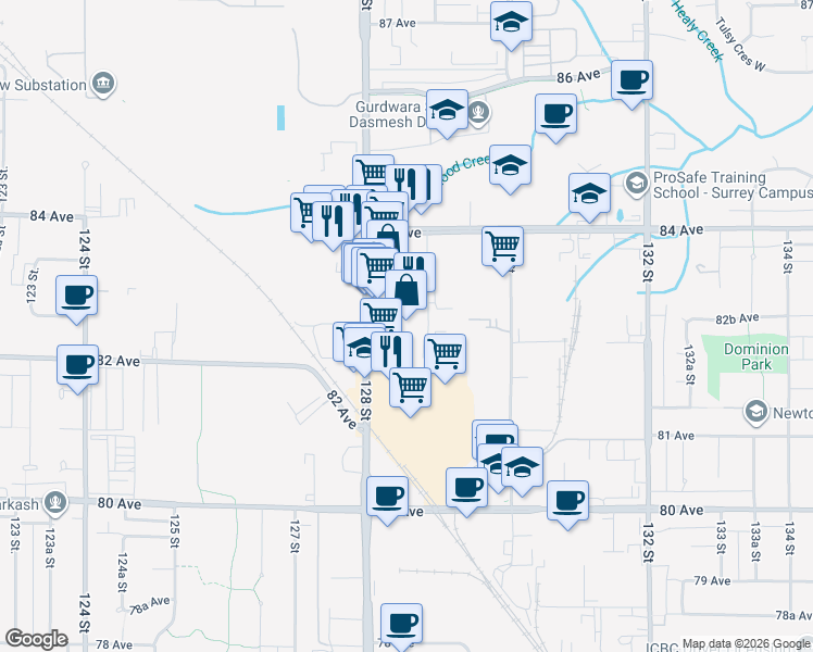 map of restaurants, bars, coffee shops, grocery stores, and more near 8277 129 Street in Surrey