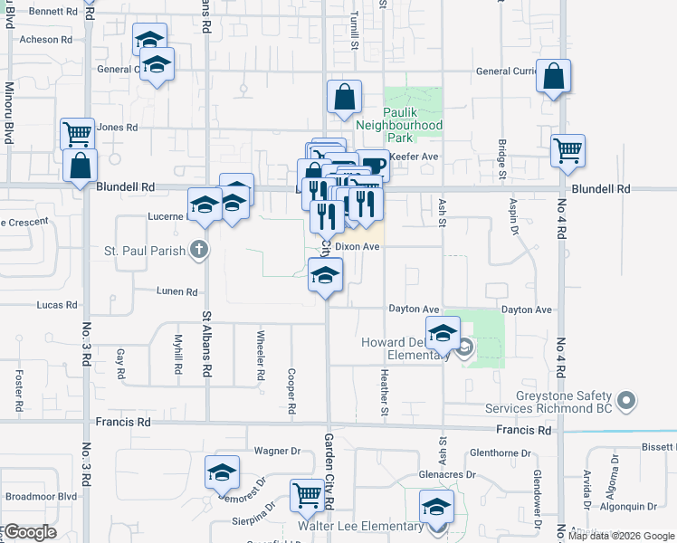 map of restaurants, bars, coffee shops, grocery stores, and more near 9020 Dixon Avenue in Richmond
