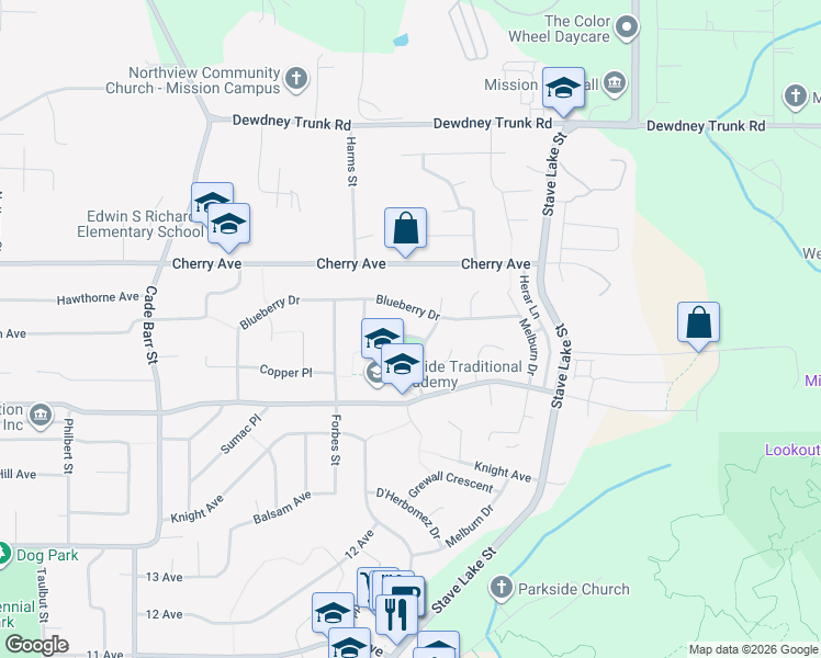 map of restaurants, bars, coffee shops, grocery stores, and more near 8305 Casselman Crescent in Mission