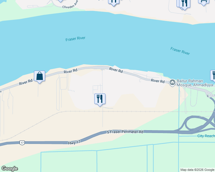 map of restaurants, bars, coffee shops, grocery stores, and more near 8300 92 Street in Delta